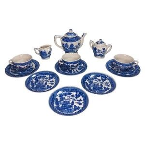 Vtg Blue Willow Childs Tea Set Teapot Sugar Creamer Cups Plates 14 Pc Japan READ